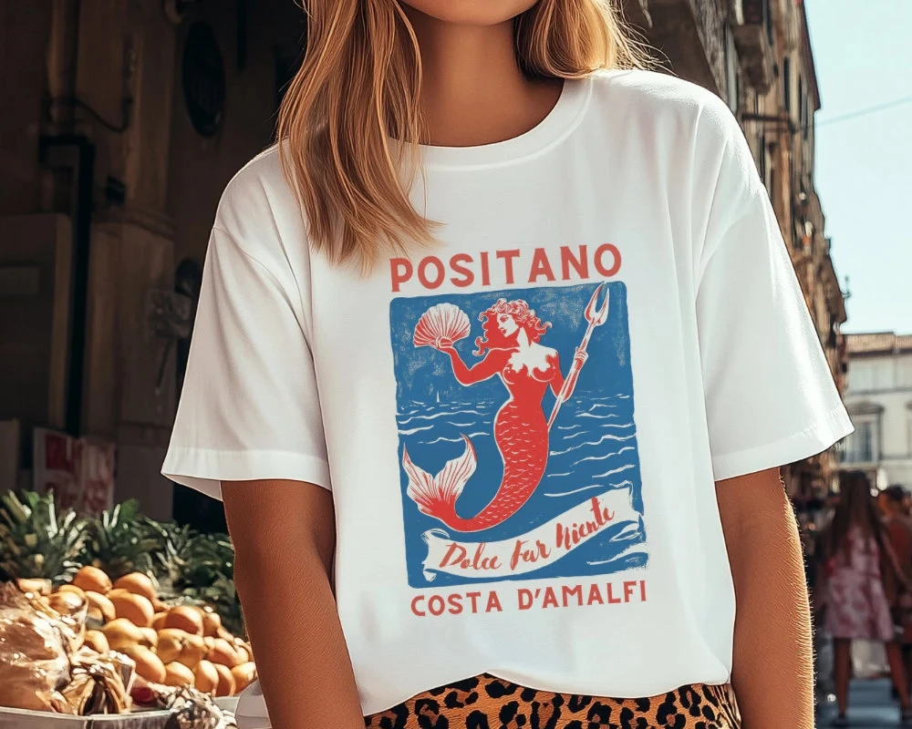Summer Women's Vintage Positano Mermaid T-Shirt  Cotton and Breathable Short Sleeve Streetwear Oversized Loose Casual