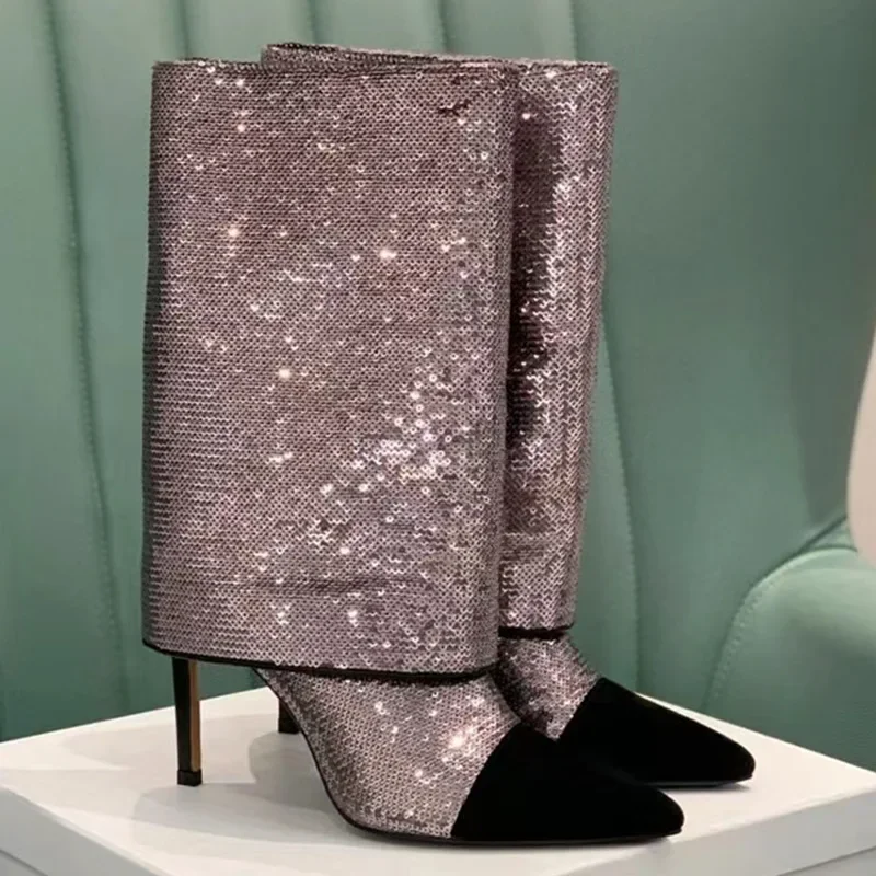 

Thin Super High Heels Bling Fashion Show Women Short Boots Pointed Toe Mixed Colors Slip-on Large Size Autum Winter Lady Shoes