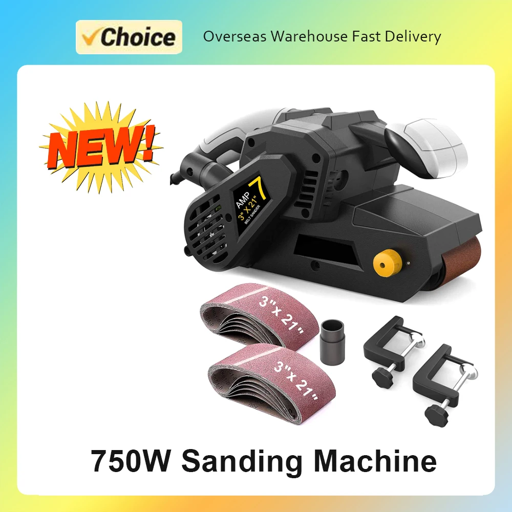 750W Belt Sander 75mm x 533mm with 10 Piece Sanding Belts and Dust Bags Table Sander with Variable 2-in-1 Vacuum Cleaner Adapter