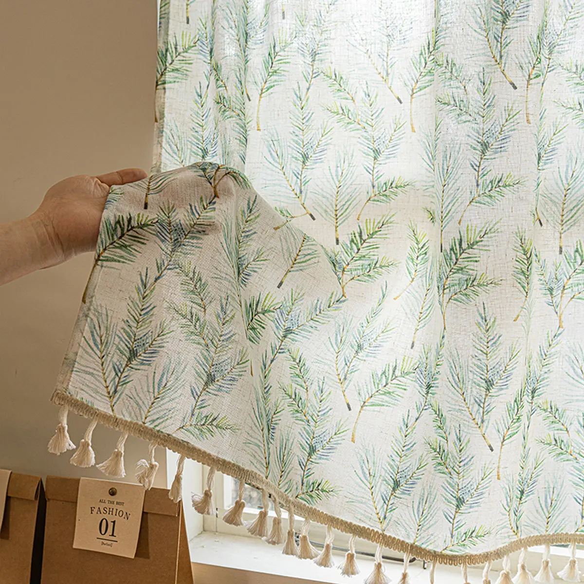 1pc Small Fresh Window Print Short Curtain, Fringe Cotton Linen Semi-Transparent Coffee Short Curtain, Decorative Vintage Bedroo