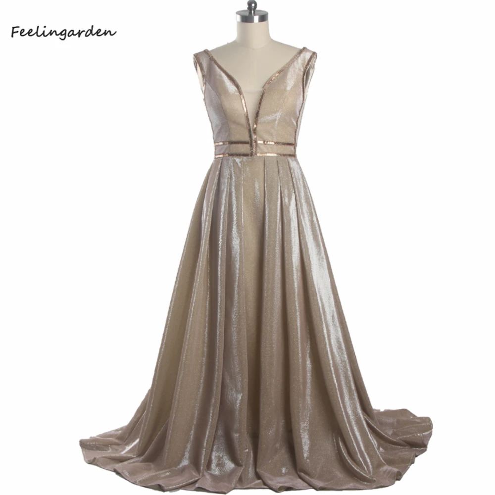 

Evening Dresses Champagne Bling Deep V-neck Sleeveless Lace up Pleat A-line Floor length Train Plus size Women Party Dress B1383