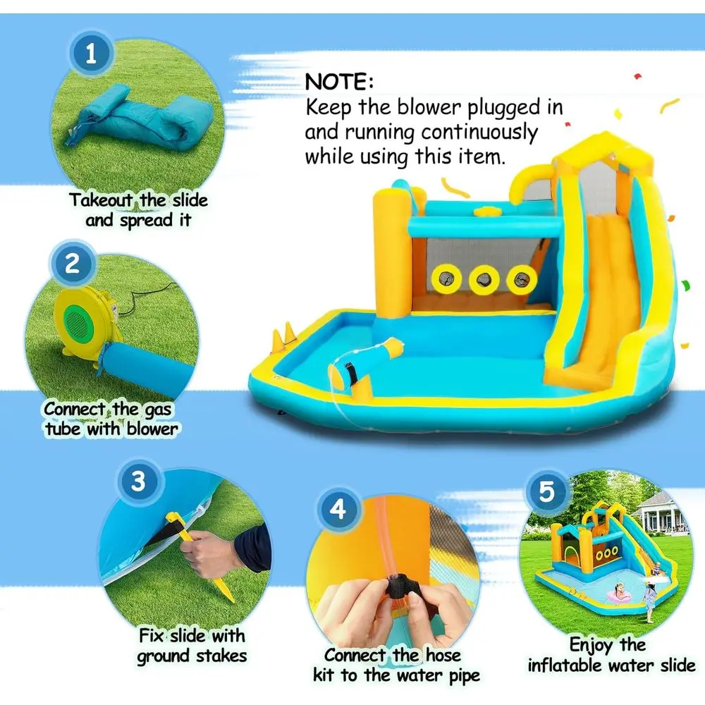 Nadmuchiwana zjeżdżalnia wodna dla dzieci, park wodny 8w1 z dmuchawą 450W, ściana wspinaczkowa, basen z wodą, kosz do koszykówki, wodna karabin, G