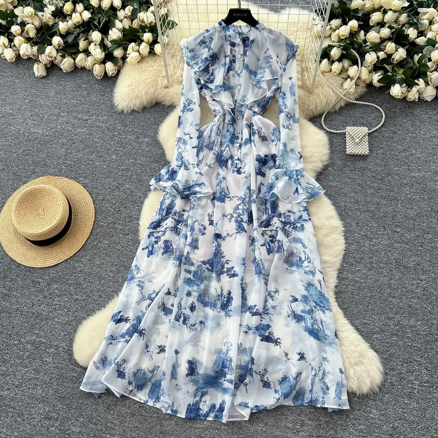 

Women Dress Long Sleeve Print Ankle Length Dresses Casual O Neck Vestidos Pullover Loose Fit Spliced Ruffles 2025 Summer