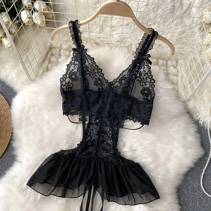 Sweet Bow Ruffle Strap Deep V-Neck Transparent Slim Fit Mesh Patchwork Playsuit Women's Trendy Sexy Bodysuit Summer New Pajamas