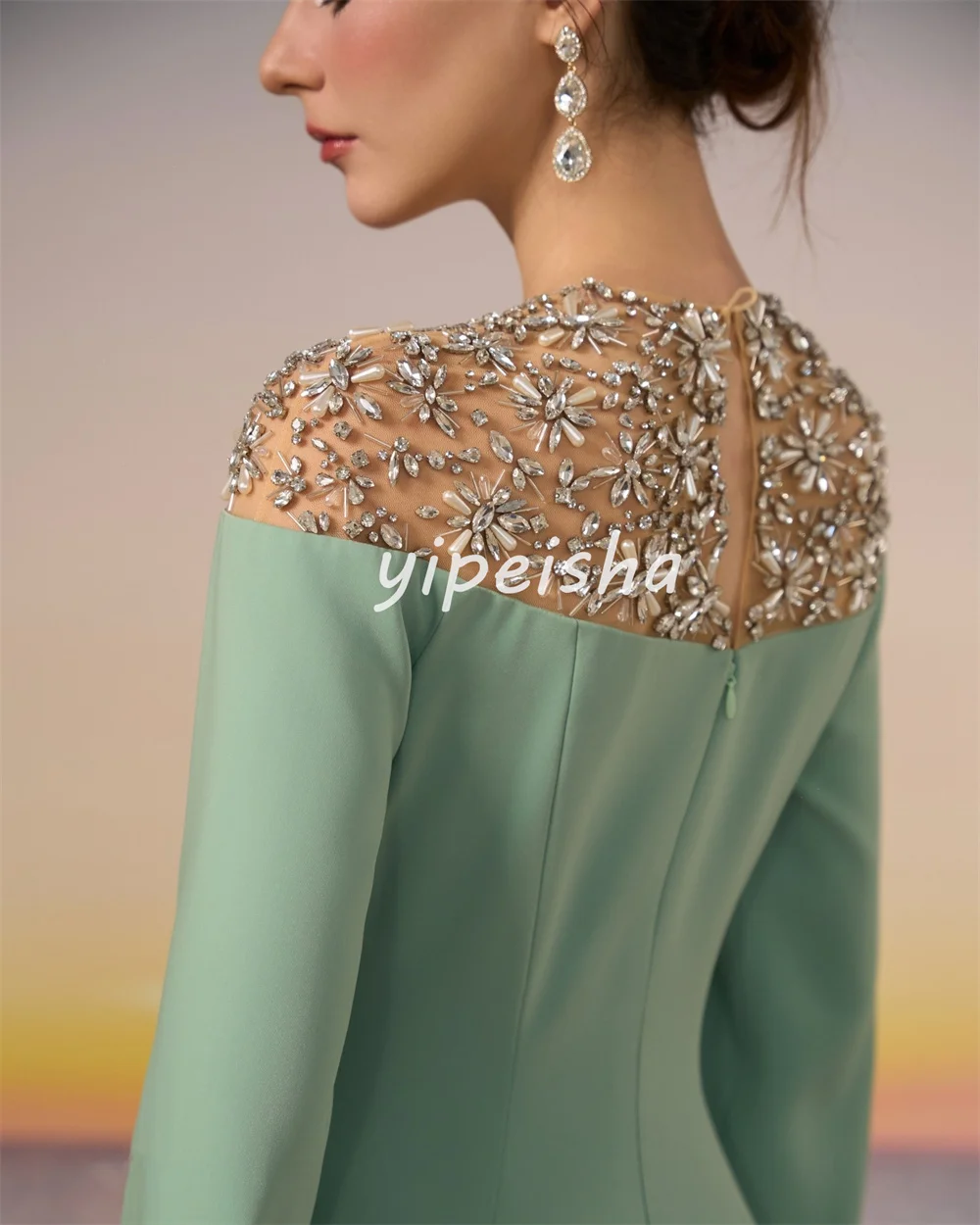 Customized Sparkle Intricate Jersey Pleat Rhinestone Straight Scoop Neck Long Dresses Evening Dresses Exquisite High Quality