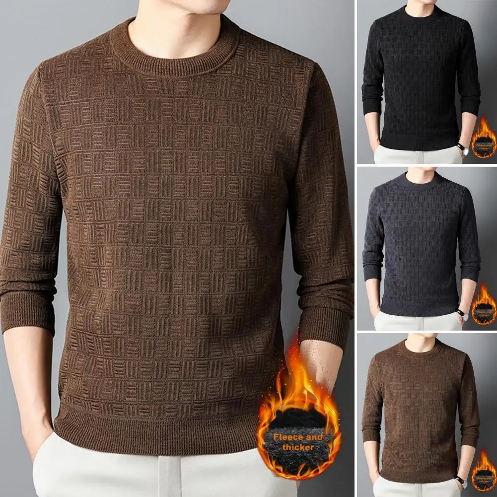 Men's Autumn And Winter Sweater Knitted Thick Round Neck Long Sleeve Warm Stretch Appliqué Slim Fit Casual Men's Pullover