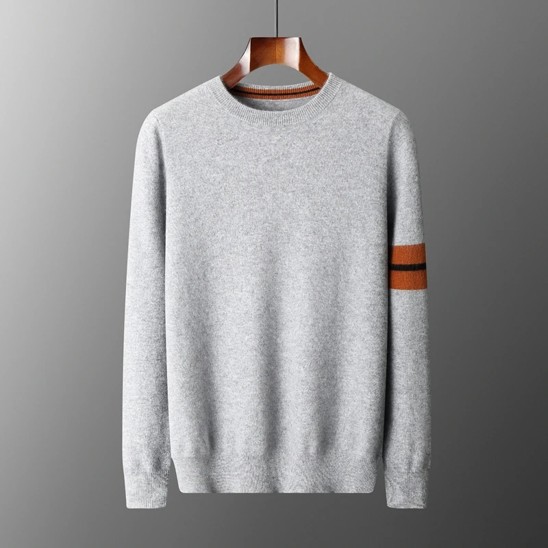 

Autumn Winter New 100% Cashmere Sweater Men's Round Neck Knitted Pullover Casual Contrasting Color Young Menswear Long Sleeve