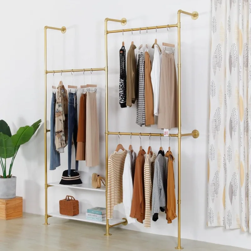 Pipe Clothing Rack with Shelves Closet Rods System, Double Hanging Rods Wall Mounted Clothes Rack Heavy Duty