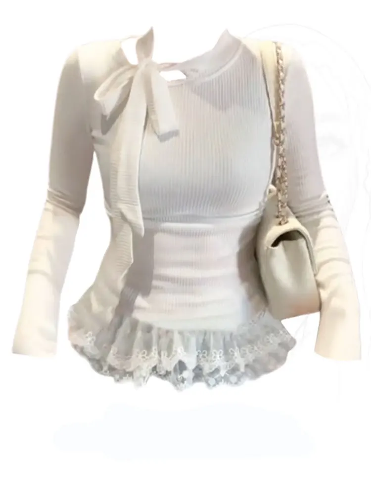 Gestricktes, mit Schleife gebundenes Basic-Top für Damen, Patchwork, Spitze, Rüschen, schmale Passform, langärmliges T-Shirt, einfarbig, schlichtes T-Shirt für Damen, koreanisch