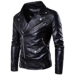 Men's Pu Leather Jacket with Zip Lapel Collar, Casual Motorcycle Jackets, Vintage Coats, Thick Warm Outwear, New, Punk Rock, Win