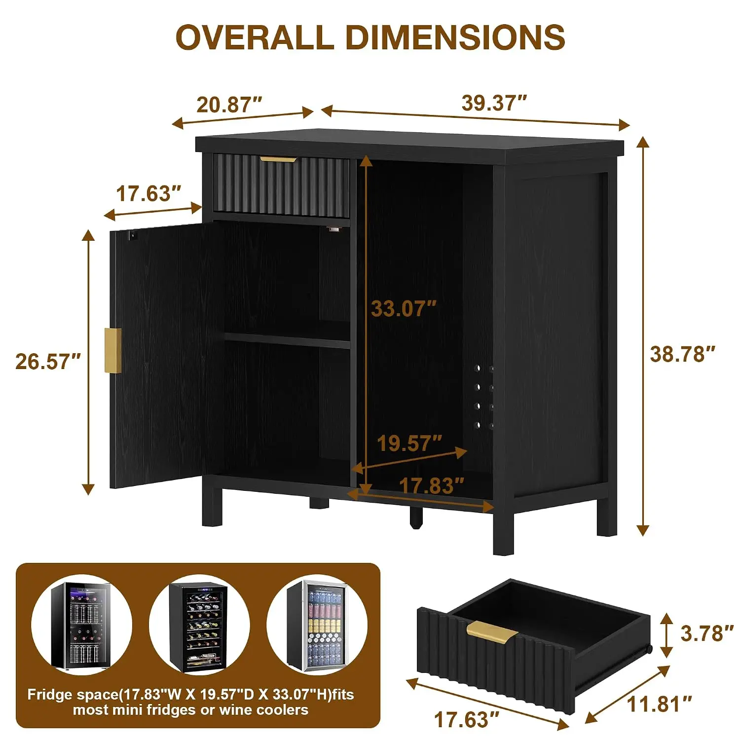 Black Fluted Coffee Bar Cabinet With Mini Fridge Space 39.3
