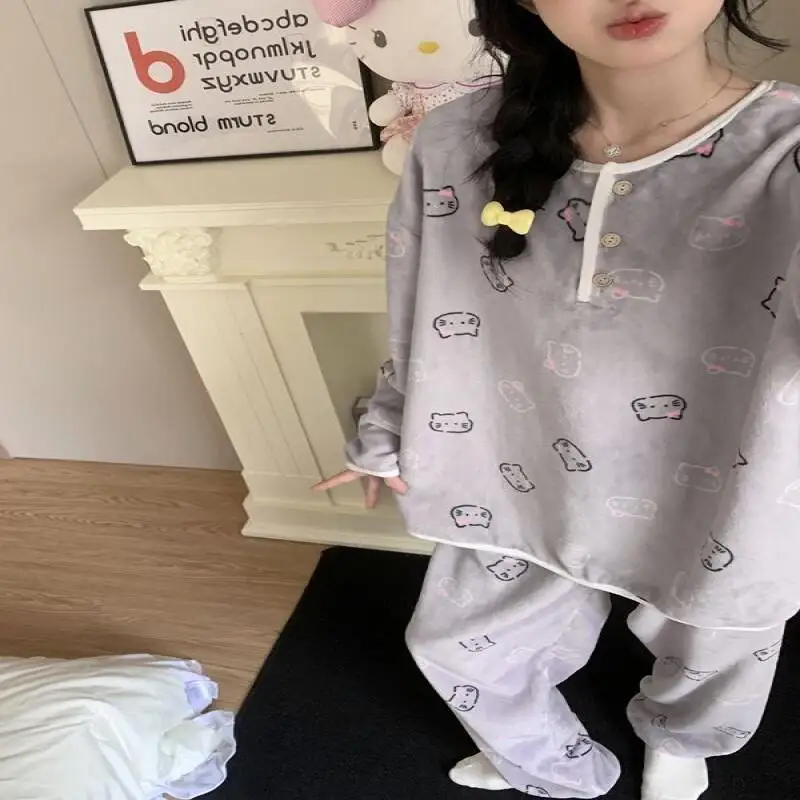 Women's Flannel Pajamas Autumn/winter 2025 New Cute Kitty Cat Cartoon Wearable Home Suit Set Hello Sanrio Sexy Outfits Full Sets