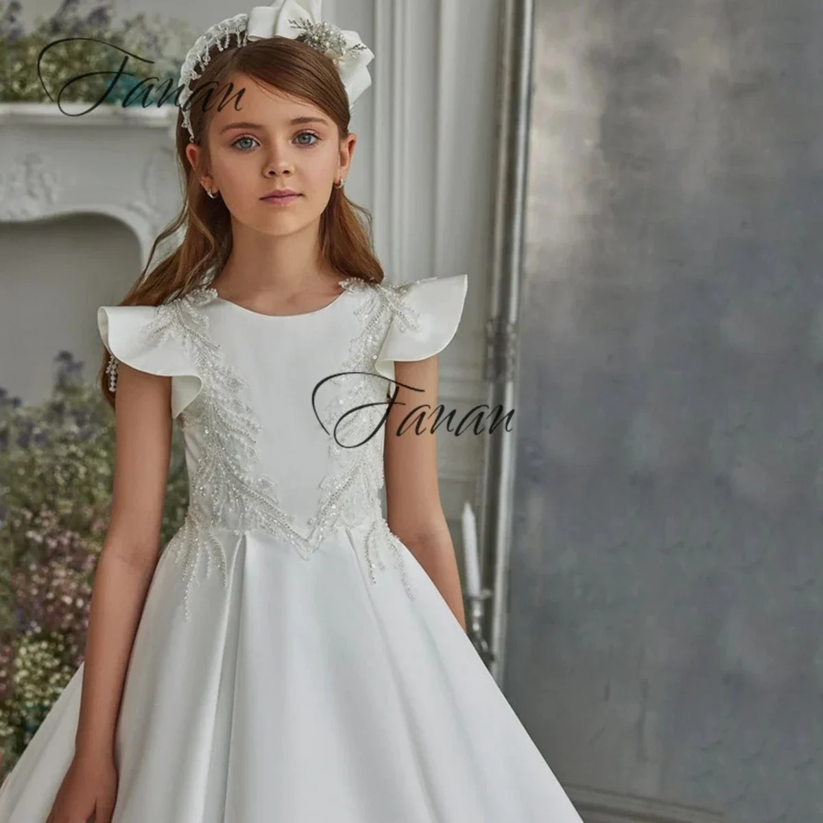 Formal colher pescoço vestidos da menina de flor trem varredura applique princesa primeiro comunhão vestido para meninas a linha crianças vestido de noite