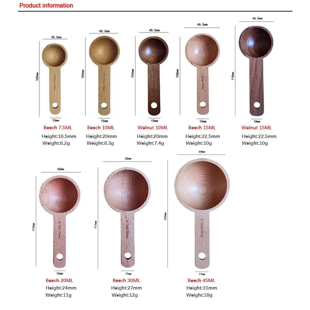 7.5/10/15/20/30/45ML Beech/Walnut Wooden Measuring Spoon Multipurpose Kitchen Soup Spoons Coffee Tea Sugar Spice Spoon Tea
