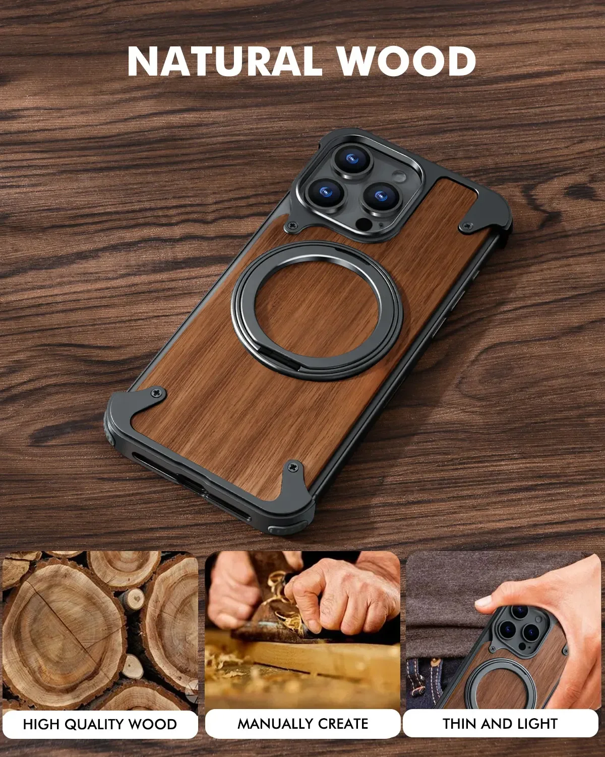 Oatsbasf Solid Wood Magnetic Phone Case for iPhone 16 Pro/16 Pro Max w/ 360°Rotate Kickstand Wireless Charging Protective Cover