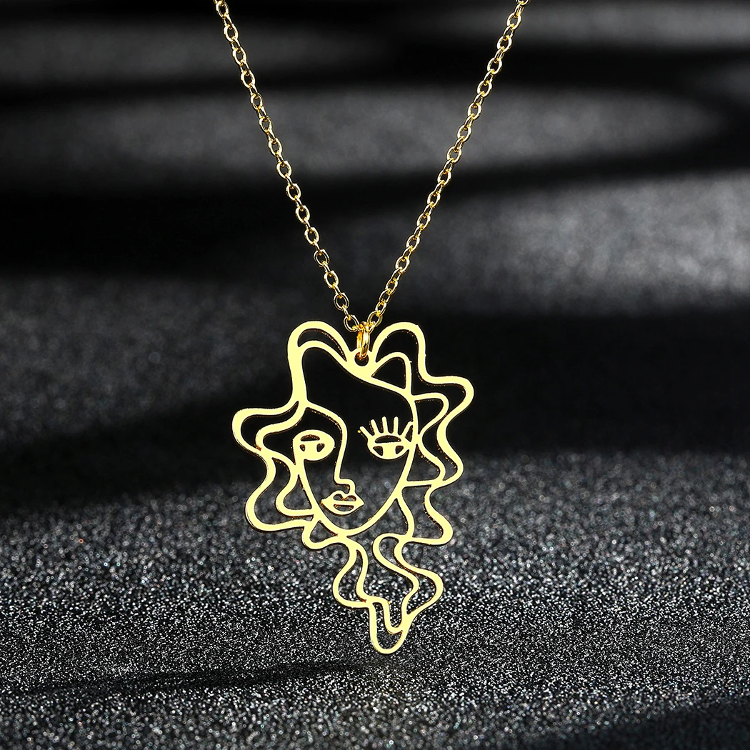 CHENGXUN Abstract Picasso Face Necklace Pendant for Women Girls Stainless Steel Hollow Perm Girl Charm Neck Chain Jewelry Collar