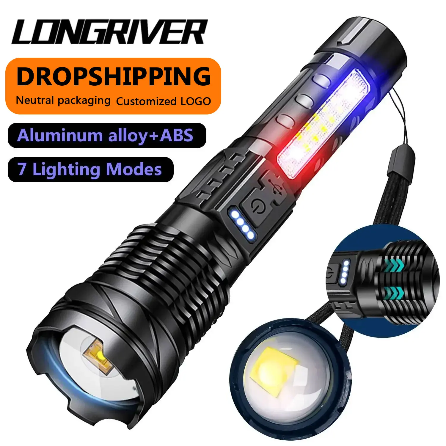 

LONGRIVER A76 Powerful Dual Light Flashlight USB Rechargeable Multifunctional Camping Torch Tactical Zoom Emergency Spotlights