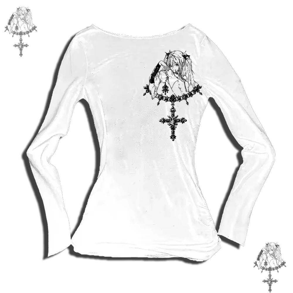 

Y2K Harajuku Aesthetic Gothic Fairycore Long Sleeve Tee Character Slim Chic Print Casual Crop Top Grunge Punk Hip Hop Streetwear