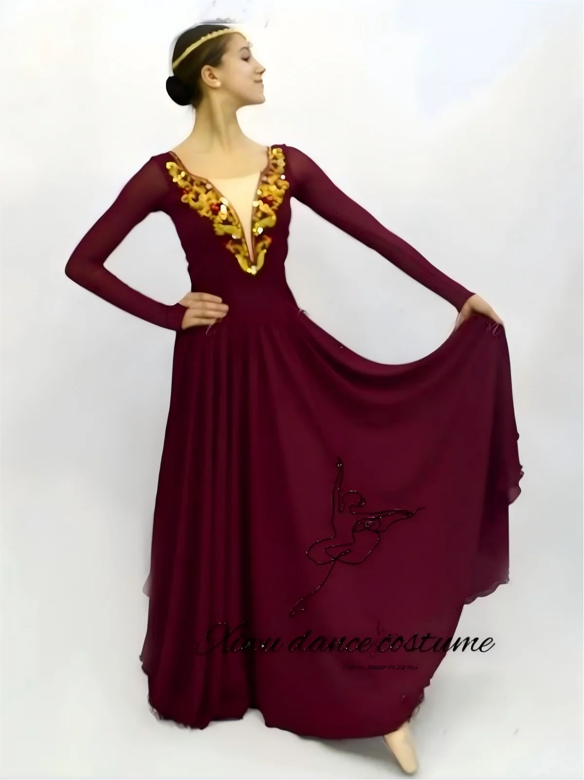 

Burgundy Ballroom Dance Dress for Women, Gold Embroidered Standard Competition Gown with Long Sleeve