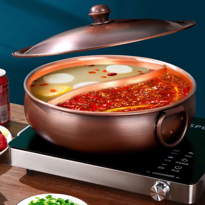 

Утолщенный дизайн горячего горшка из чистой меди для индукционной плиты, традиционный пекинский стиль, встроенная ручка горшка Шабу с двойным вкусом