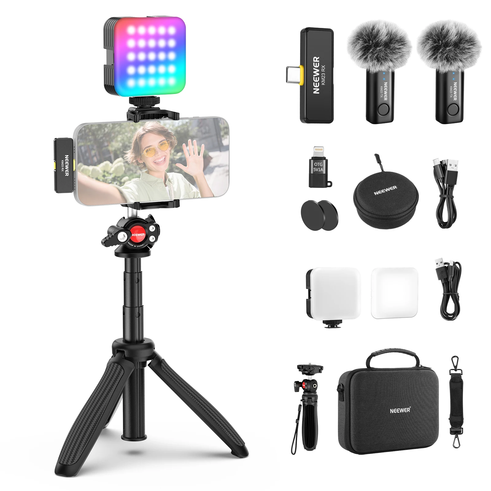 

NEEWER Vlogging Kit for Phone with RGB LED Light/Lavalier Wireless Microphone System/Selfie Stick Phone Tripod