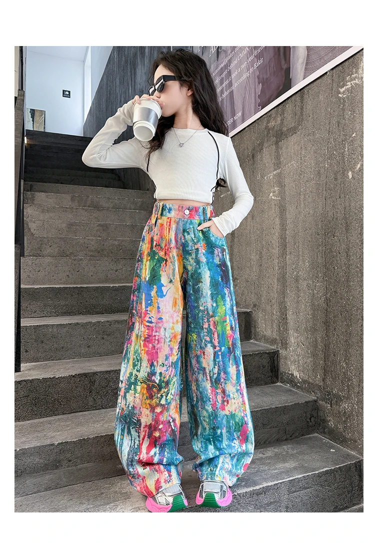 Street-Style Kinder-Jeans mit Bunten Prints für Teenager-Mädchen, Modische Hip-Hop-Tanz-Jeans, Trendige Hiphop-Denim-Hosen für Kinder – Detail 7