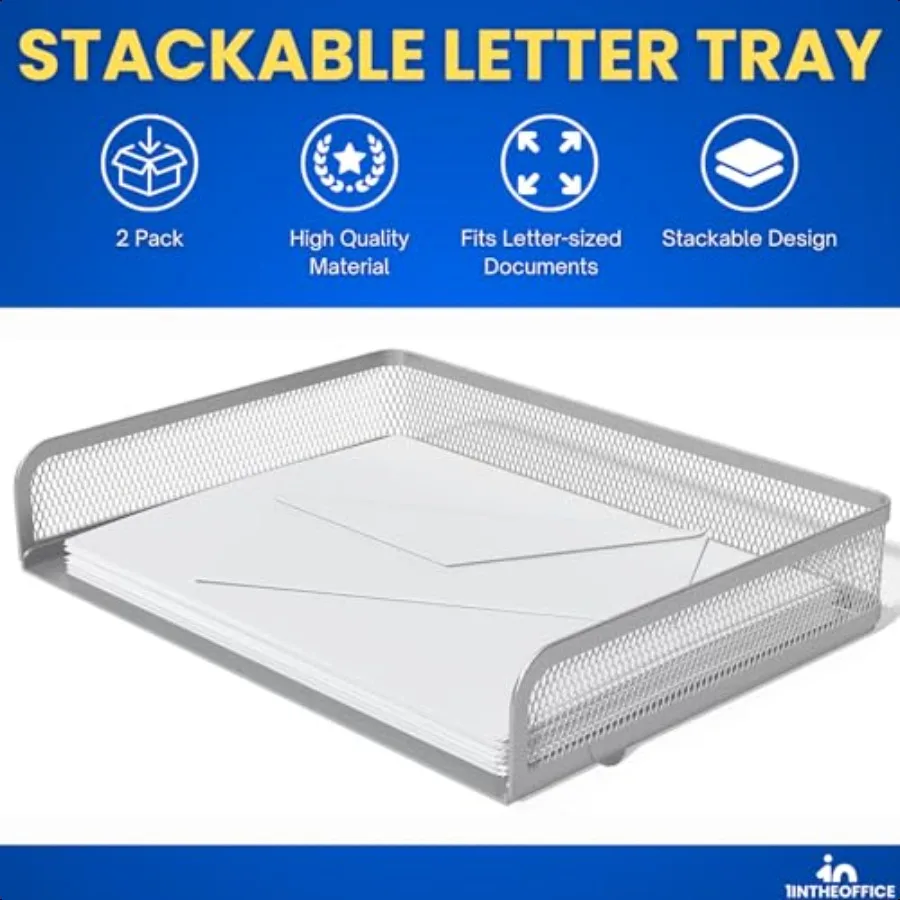 1InTheOffice مكتب صواني تكويم إلكتروني صينية ماتي الفضة سلك شبكة تحميل جانبي ورقة صينية المنظم 2 حزمة