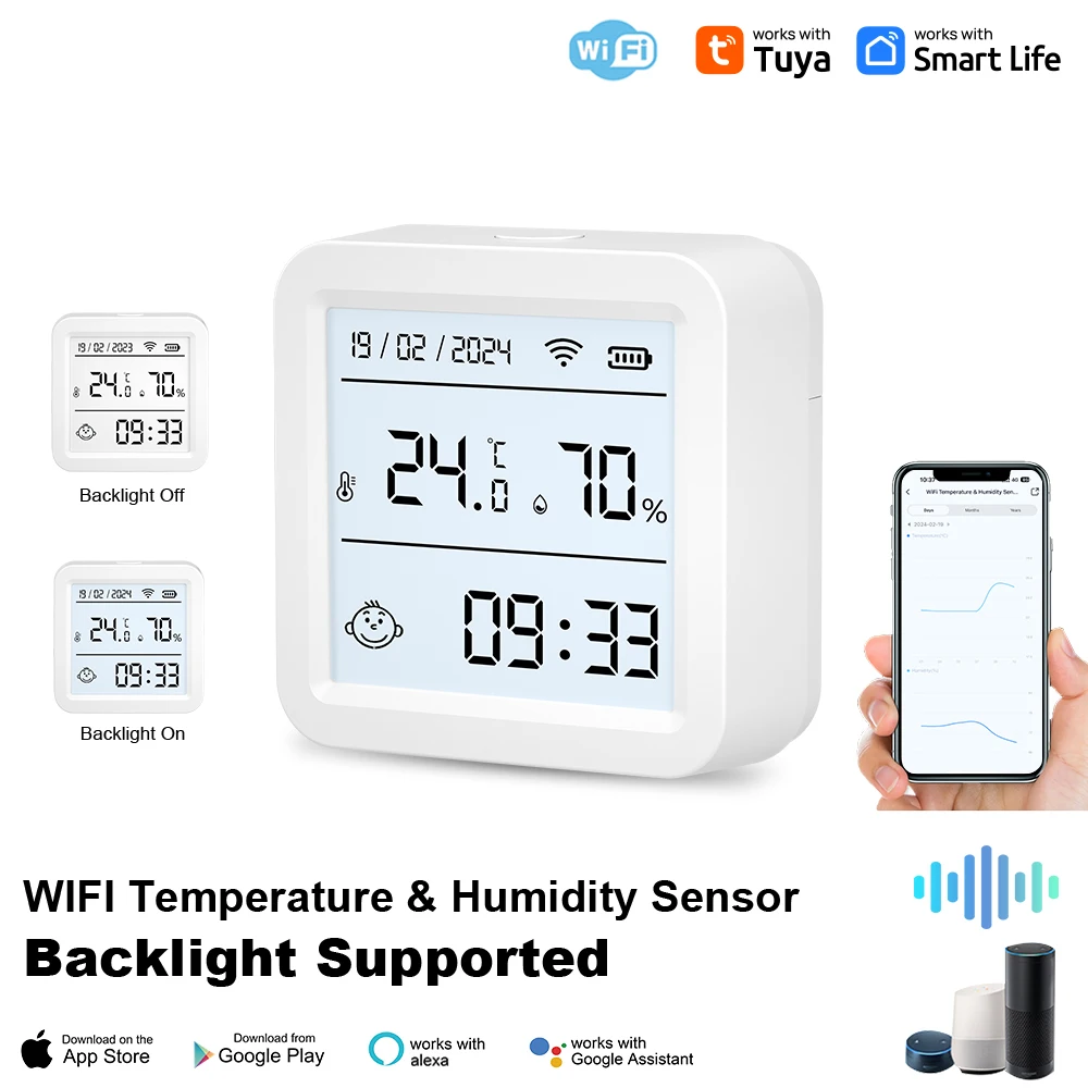 2024 NEW Tuya WIFI Temperature Humidity Sensor Hygrometer Thermometer Smart Home Smart Life Support Alexa Assistant