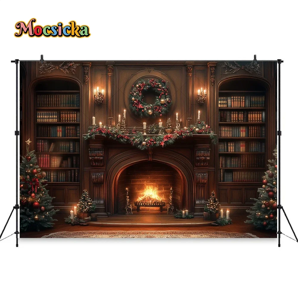 Świąteczny kominek Tło Fotografia Vintage Xmas Pokój Półka na książki Wieniec Świeca Tło Wystrój Dzieci Rodzina Photo Studio