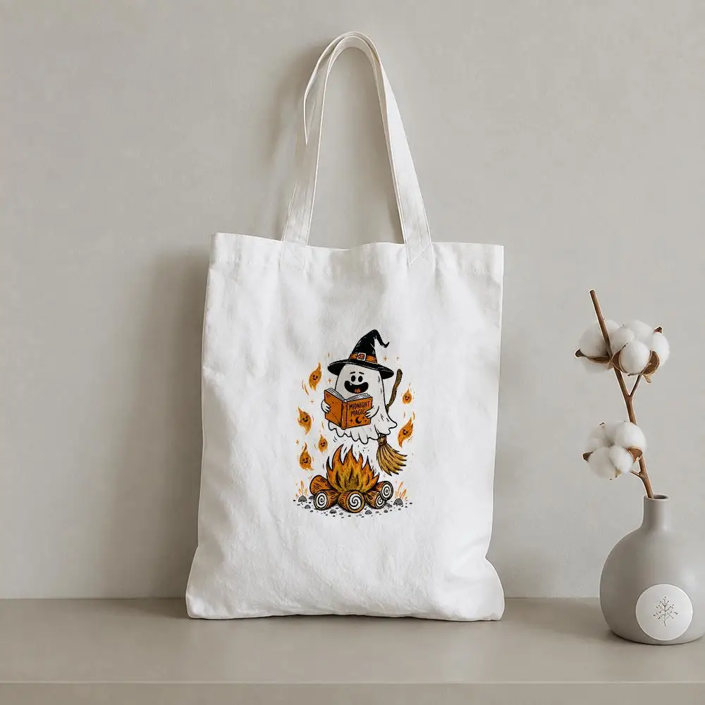 HALLOWEEN CAMPFIRE STORIES Storage Bags 1pc Canvas Tote Bag Reusable Shopping Shoulder Bag For Women Daily Use
