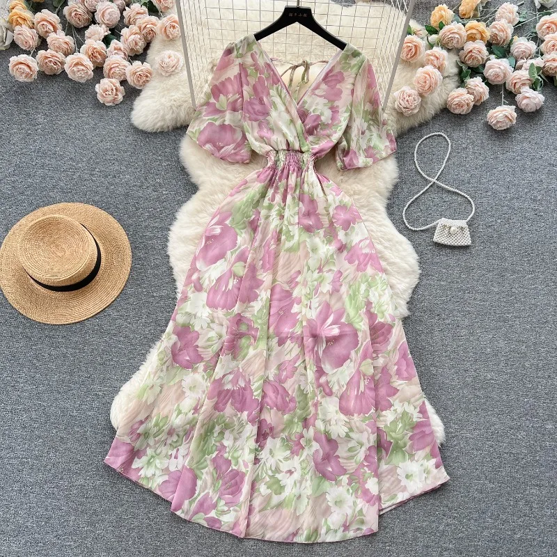 2025 Nieuwe Vintage Vrouwen Franse Jurk Casual Zomer Elegant Olieverfschilderij Gedrukt Lange Jurken Vrouw Hoge Taille Chiffon Strandjurk