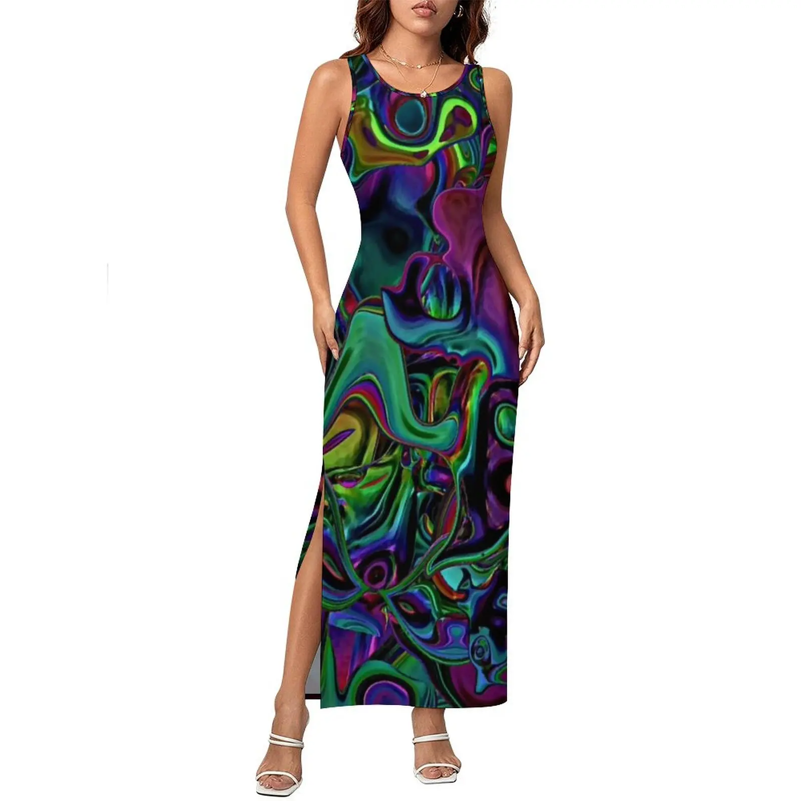 Abito aderente liquido colorato Abito estivo con design astratto in marmo Abiti maxi casual Abito da strada dal design senza maniche da donna