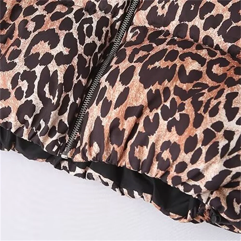 TRAF 2024 Autumn/Winter New Product Women\'s Casual Versatile Stand Collar Long Sleeve Leopard Print Thick Cotton Coat