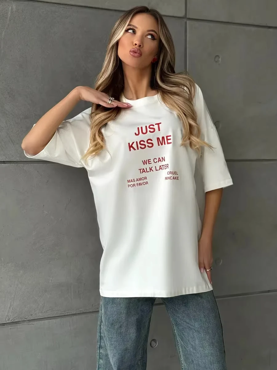 

Повседневная хлопковая летняя модная футболка с забавным буквенным принтом и коротким рукавом для женщин