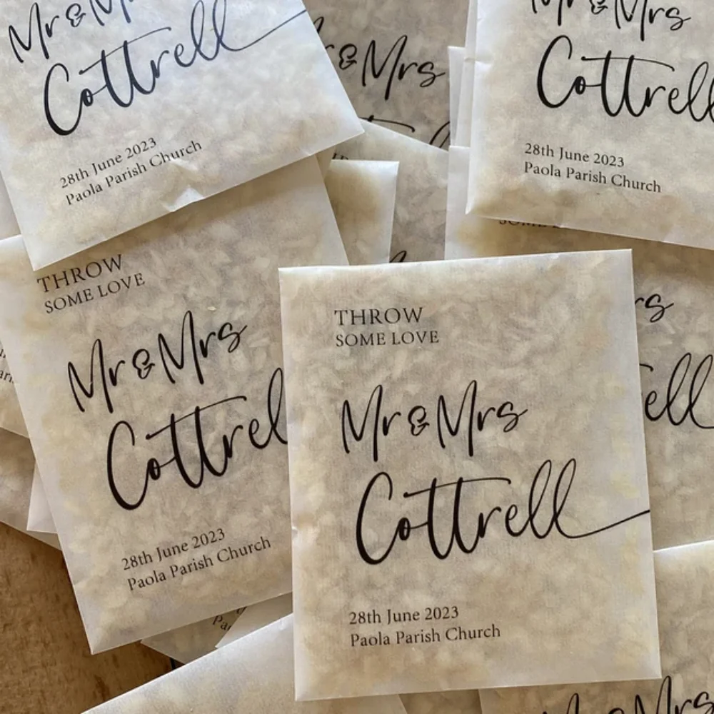 

Biodegradable Confetti. Personalised Printed Frosted Glass Packets. Wedding Confetti. Natural Real Flower Petal Confetti. 20 Bag