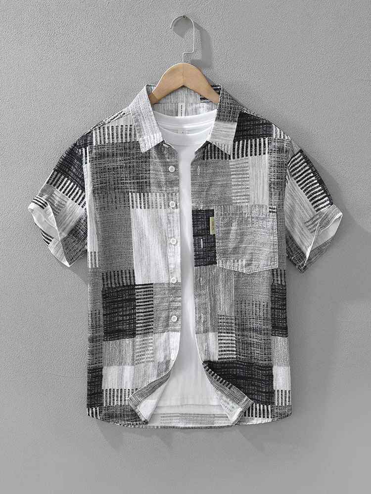 

Men's Summer Casual Cotton ort Sve irt Patchwork Color Blo Loose Fit Breathable Versatile Youth Hanfu Sle Top