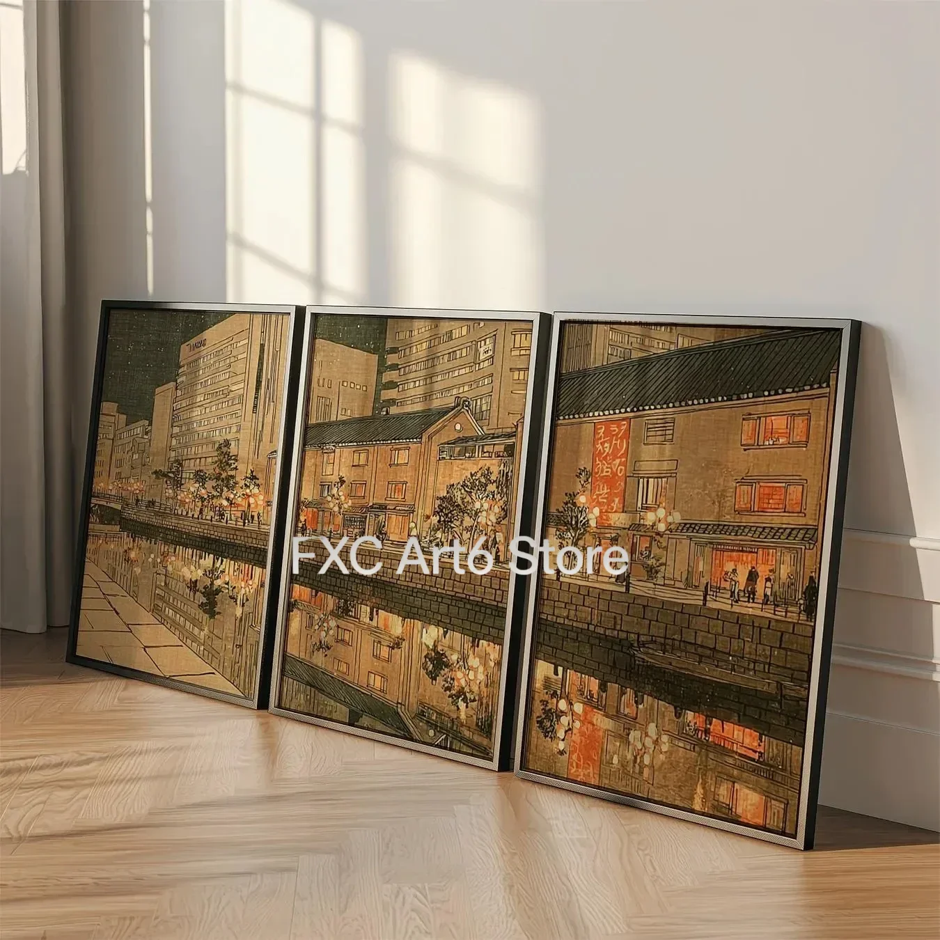 3PCS frameless Multiple sizes   Canvas Painting,3Pcs Vintage Japanese Canal Wall Art, Ukiyo-e Night Riverside Town Building Canv