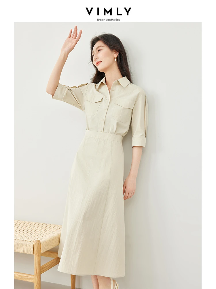 Vimly Khaki Cotton Fake 2 Piece Polo Collar Dress 2024 Spring New Elastic Waist Short Sleeve A-line Midi Dresses Clothing M6755