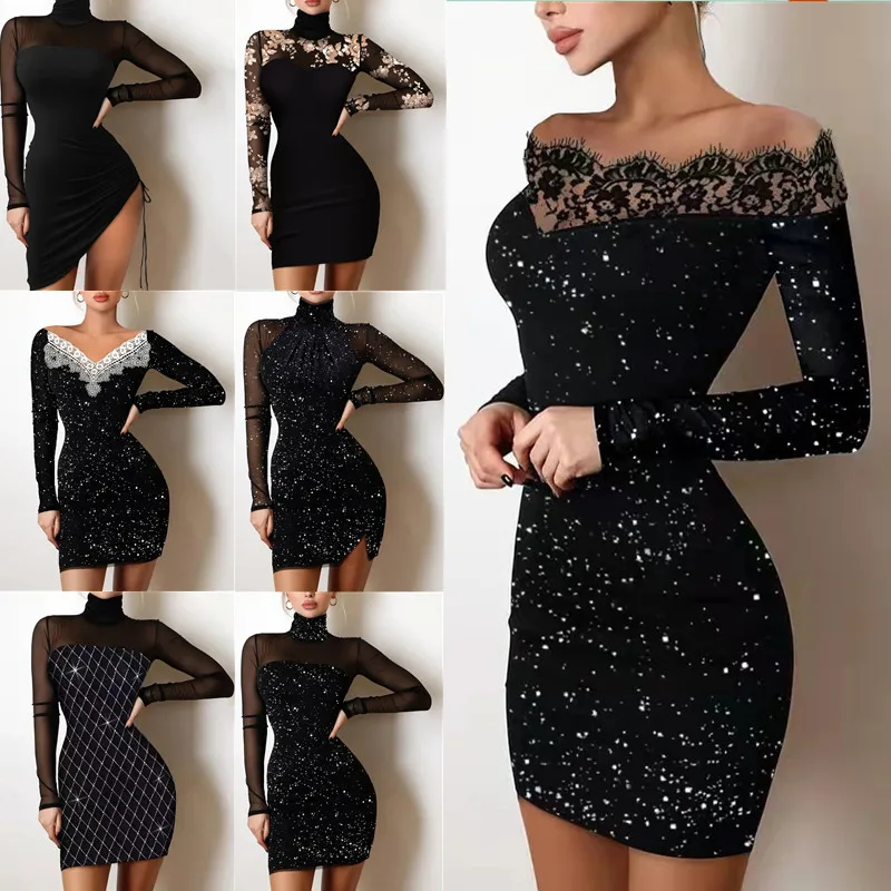 Women's Fit-fitting Silver Shoulder Bag Hip Black Dress Evening Dress 2025 New Style Lace Edge Flower Fashion Elegant Dress