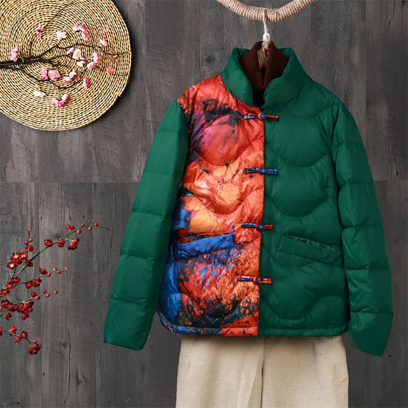 Chinese Style Retro Down Jacket Autumn Winter Women Warm Light Thin White Duck Down Coat Ladies Short Bigsize Frog Print Parkas