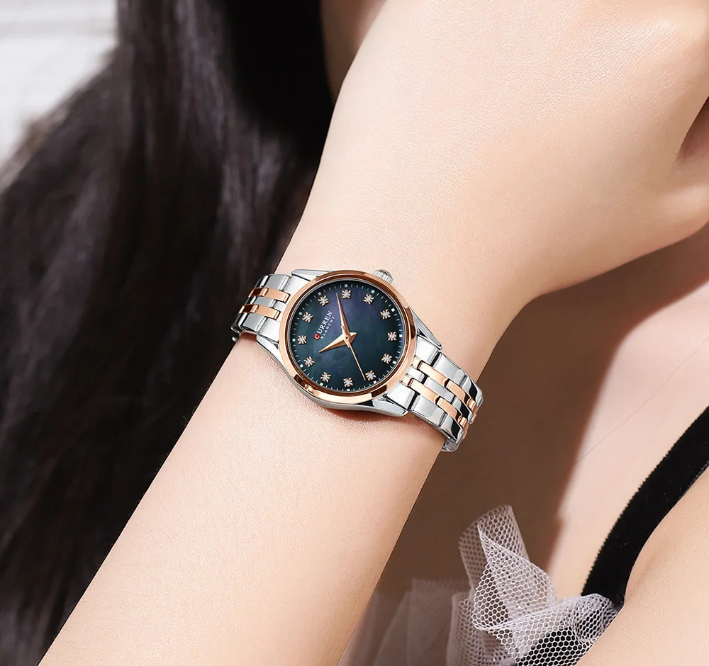 CURREN Damenuhr mit zweifarbigem Edelstahlarmband, 28-mm-Zifferblatt mit Strassmarkierungen, schimmerndes Muschelzifferblatt, elegante Idee – Detail 16