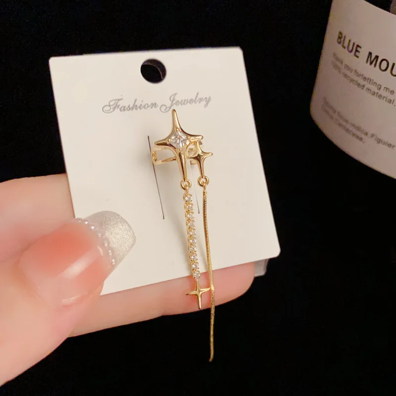 1 Pcs New Korean Version 14K Gold Plated Niche Luxury Sparkling Zircon Star Tassel Clip Earrings For Women Party Elegant Jewelry