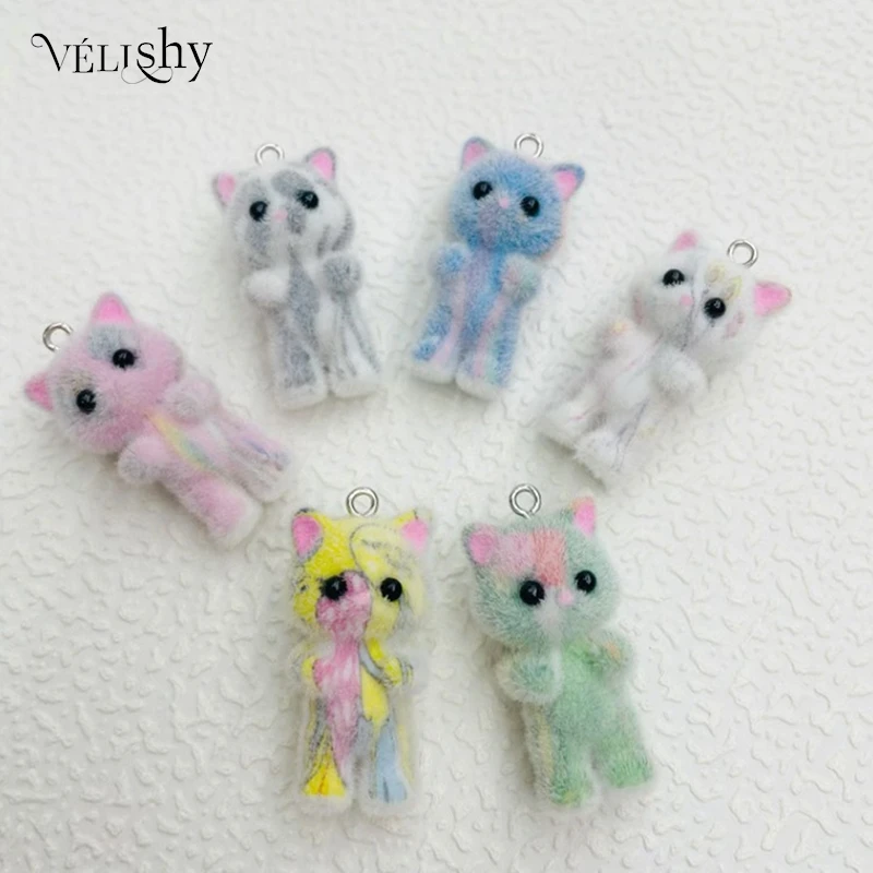 Miniature Colorful Flowe Cat Flocked Charms Kawaii Dollhouse Animal Pendant For Necklace Keychain Diy Jewelry Making