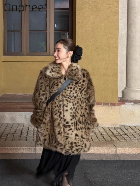 Abrigo de piel ecológico con estampado de leopardo para mujer, abrigo de longitud media coreano Chic a la moda con cuello vuelto, abrigo de piel cálido y grueso holgado y delgado
