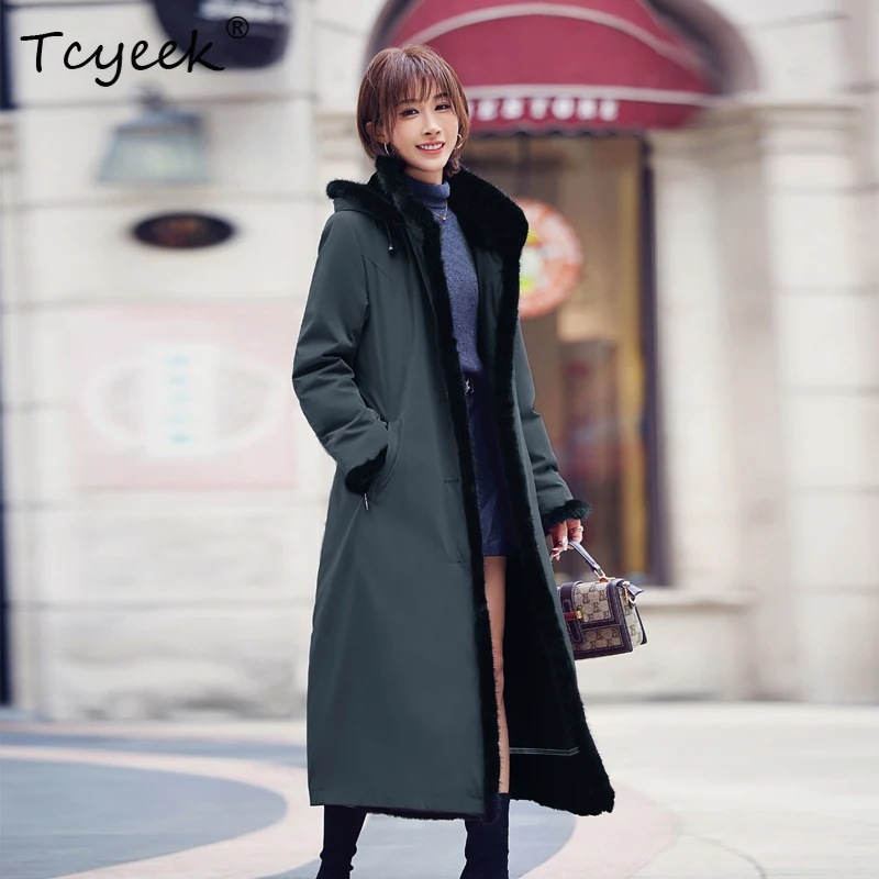 Tcyeek 탈부착 가능한 오터 토끼털 안감 가을 겨울 고급 후드 롱 여성 파카 겨울용 여성 코트