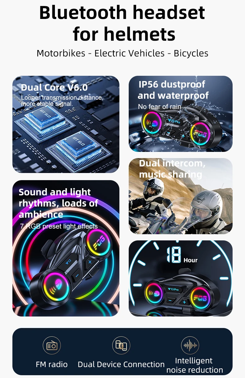 Y13 Pro Motorrad Helm Bluetooth Headset Intercom Entfernung 500M Chip V6.0 Stereo FM Radio Mischen Musik Teilen – Detail 2