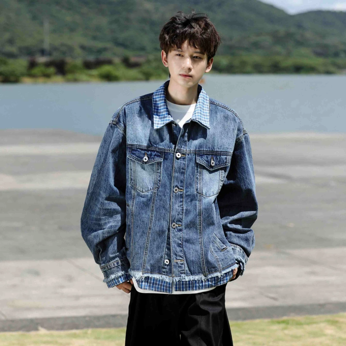 

Washed Denim Plaid Patchwork American Style Men's Jacket Streetwear Design Spring Autumn Outerwear Casual Fashion