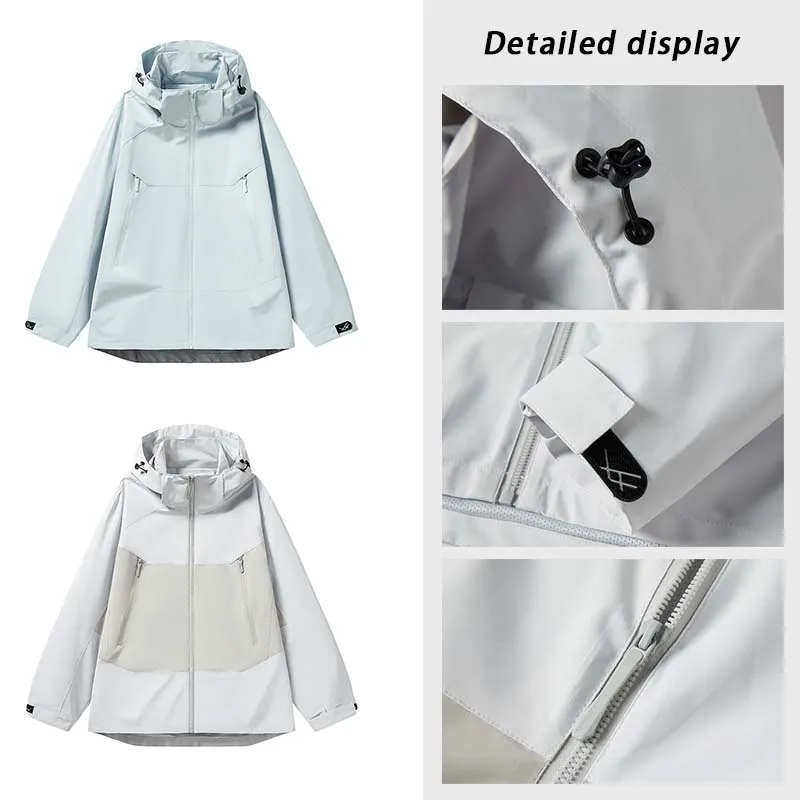 Spring Autumn Men Waterproof Hiking Jacket Women Stitching Color Hooded Windbreaker Outdoor Camping  Cycling Casual Jacket