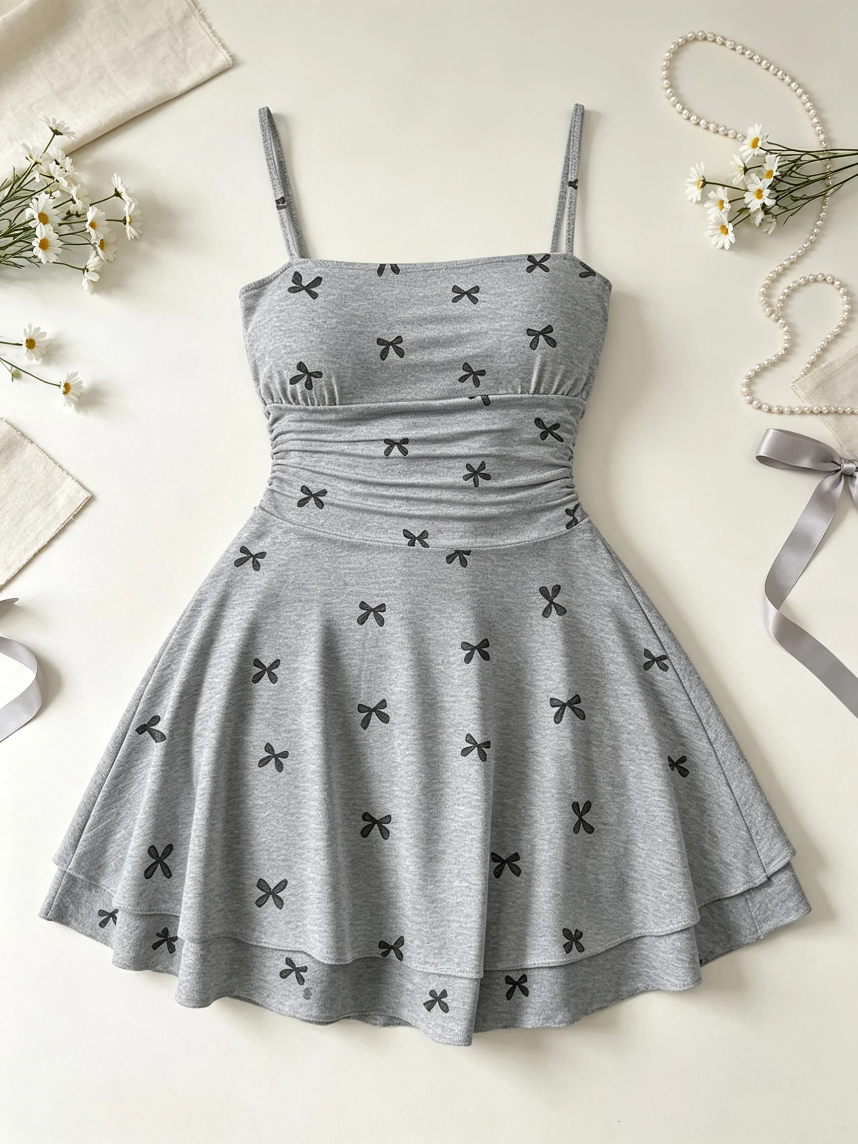 Damen-Minikleid mit eckigem Ausschnitt, sexy Schleifendruck, lässig, bequem, Rocklänge nicht angegeben – Detail 2