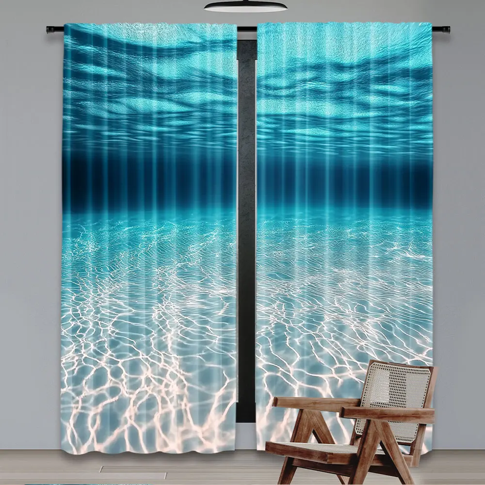 2Pcs Underwater World Curtain Ocean Sunshine Deep Blue Sea Water Curtain Suitable For Living Room Bedroom Hotel Store